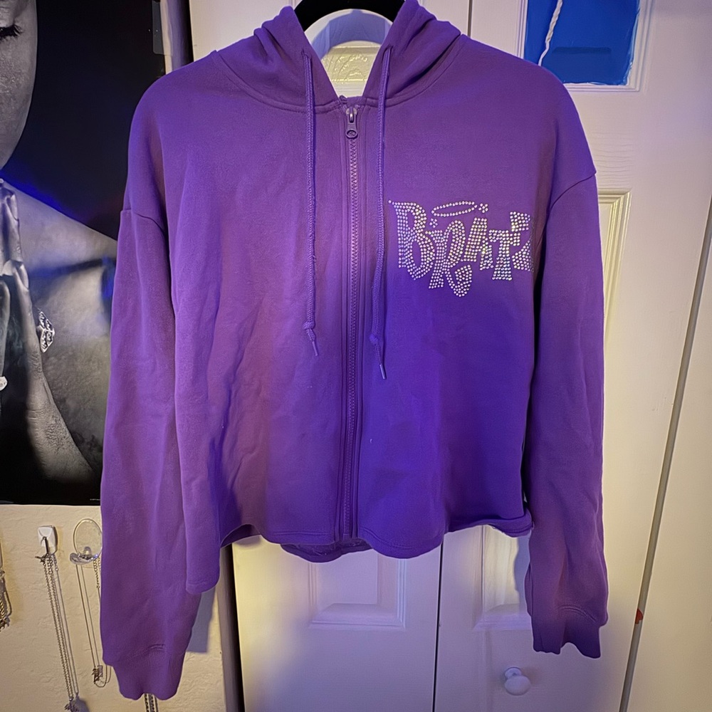 Purple Zip-Up Hoodie with Rhinestone Logo